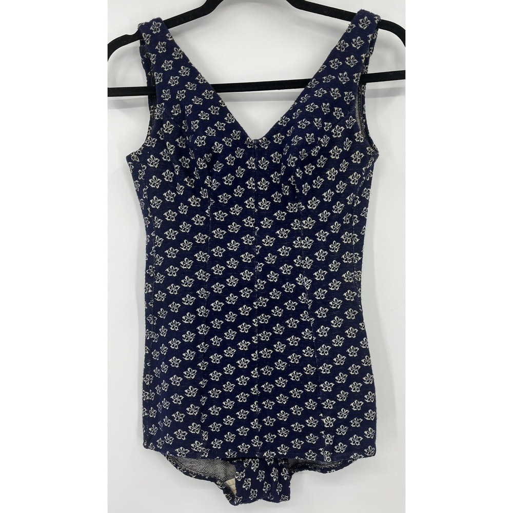 Vintage Ricky's One Piece Swimsuit Knit Floral Navy Pin Up Button Strap